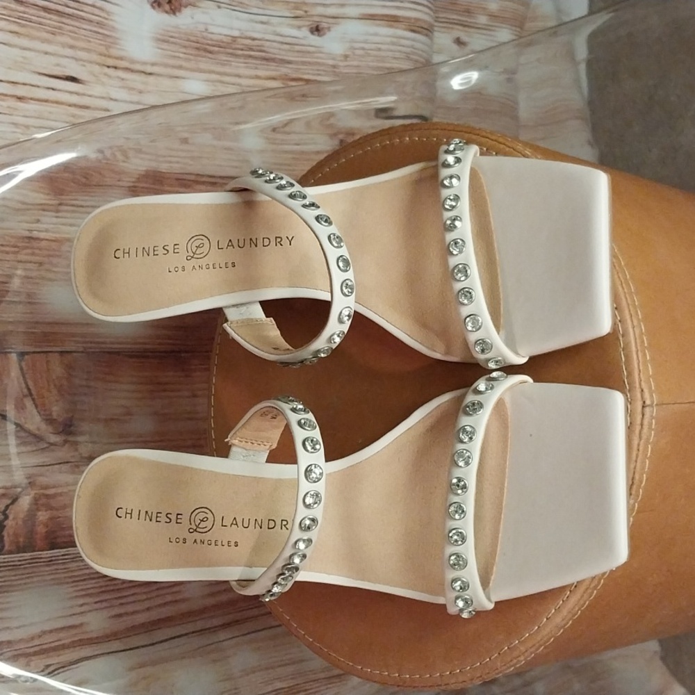 Chinese Laundry Ivory Rhinestone Double-Strap Slide Heels
